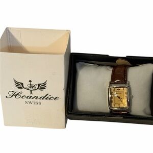 Hcandice Swiss Mens Rectangular Watch Gold Dial Brown Leather Strap Quartz Box